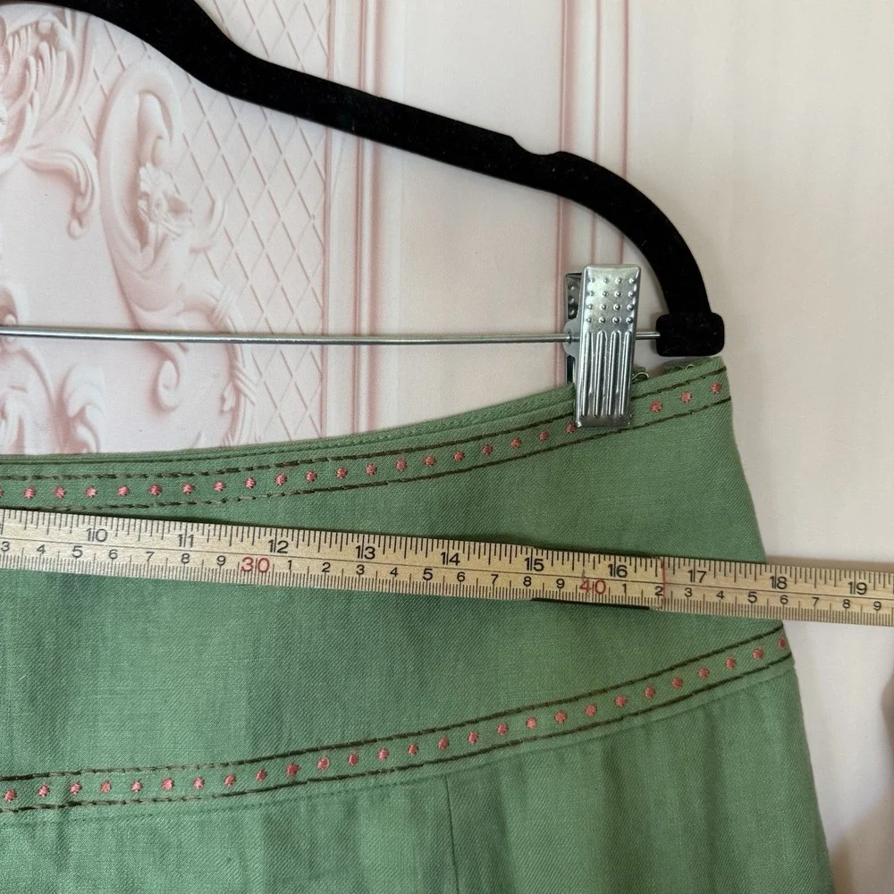 Donna Karen DKNY 100% Linen Embroidered Flowy Green Skirt Women's Size 10 Boho